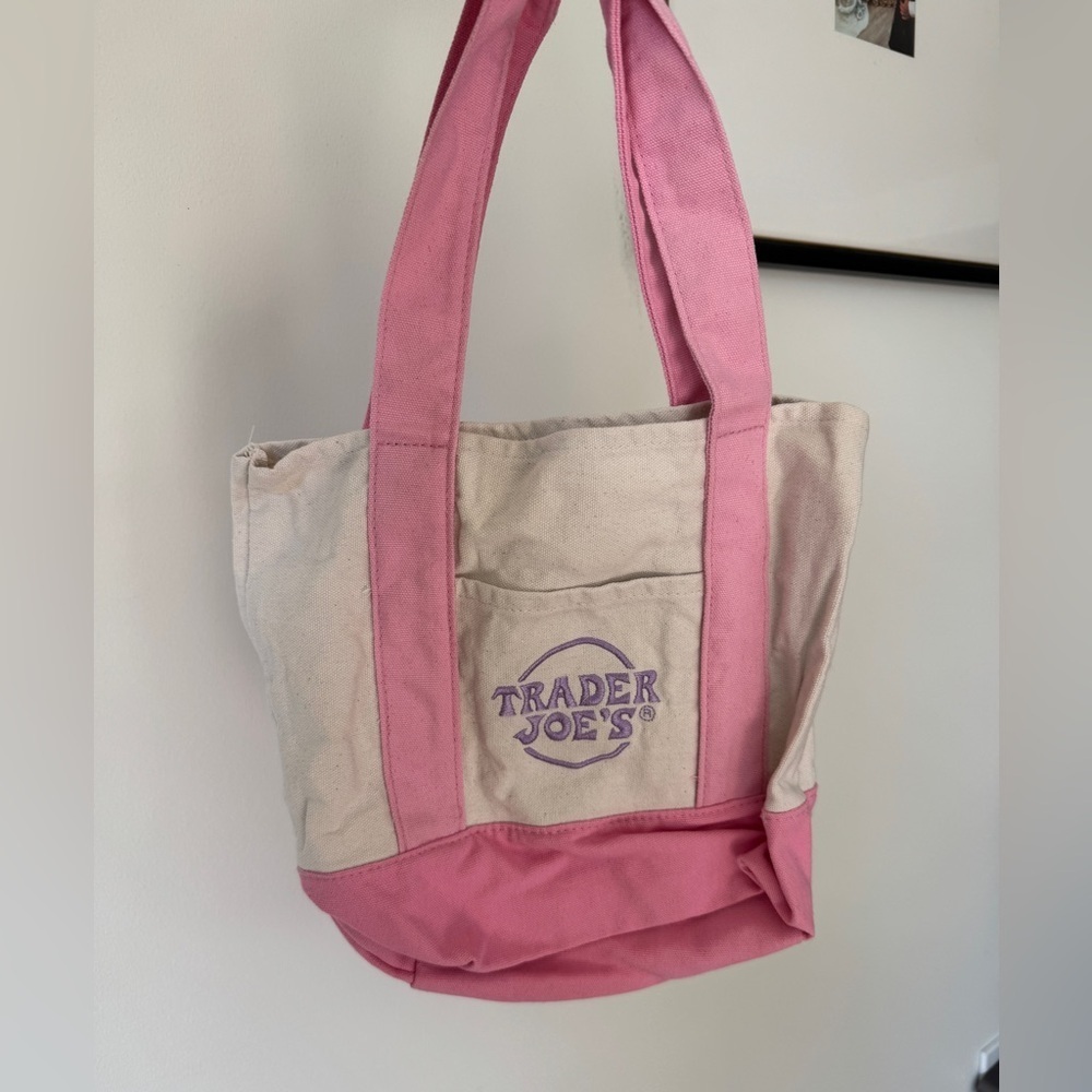 Trader Joe’s Mini Bag pastel pink cream embroidered logo lavender tote shoulder